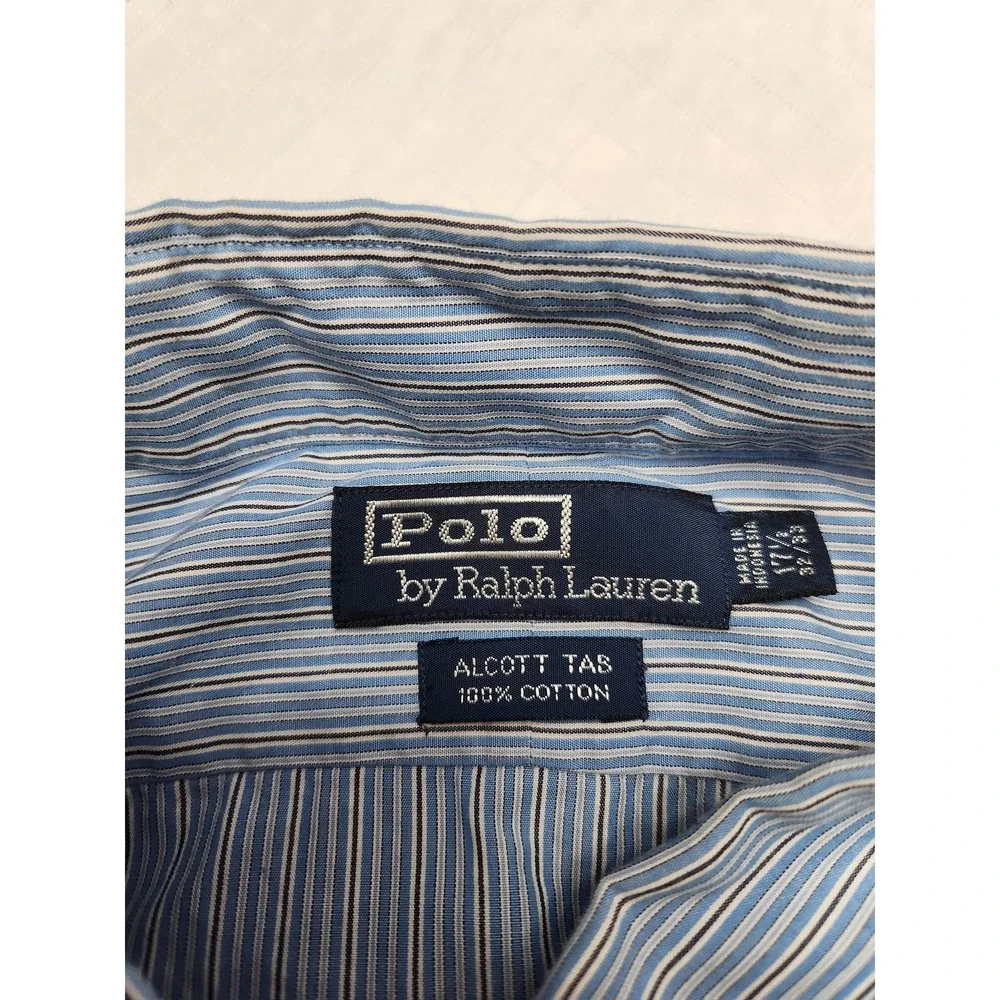 Polo Ralph Lauren Shirt‎ Mens 17.5 32 33 Blue White Stripe Alcott Tab Collar